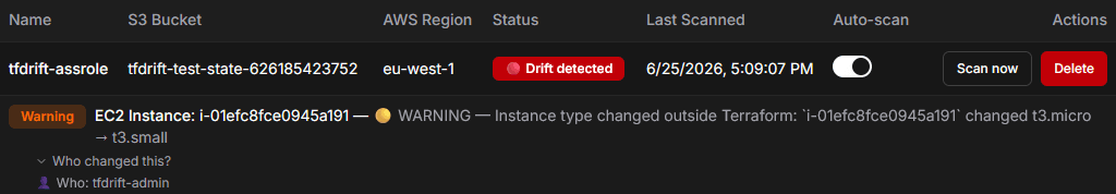 IaCRadar workspace dashboard showing detected drift